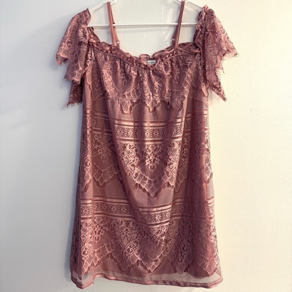 Love, Fire Mauve Lace Off the Shoulder Dress - Size L